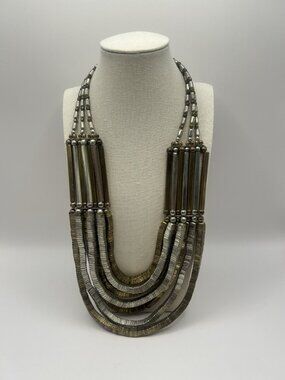 Vintage Mixed Metal Multi Strand Bib Necklace Silver Copper Tone 25” Layered